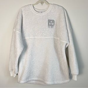 Disney Parks Spirit Jersey Sherpa Sweatshirt L White Ivory Cozy Disney Pullover